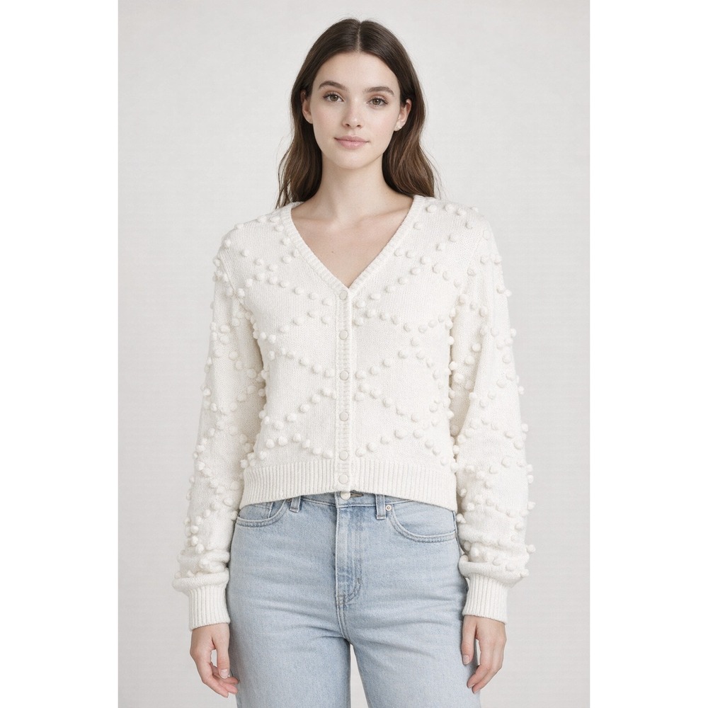 Storia Women's White Cotton Pom Pom Bobble Knit V-Neck Cardigan Sweater Cozy